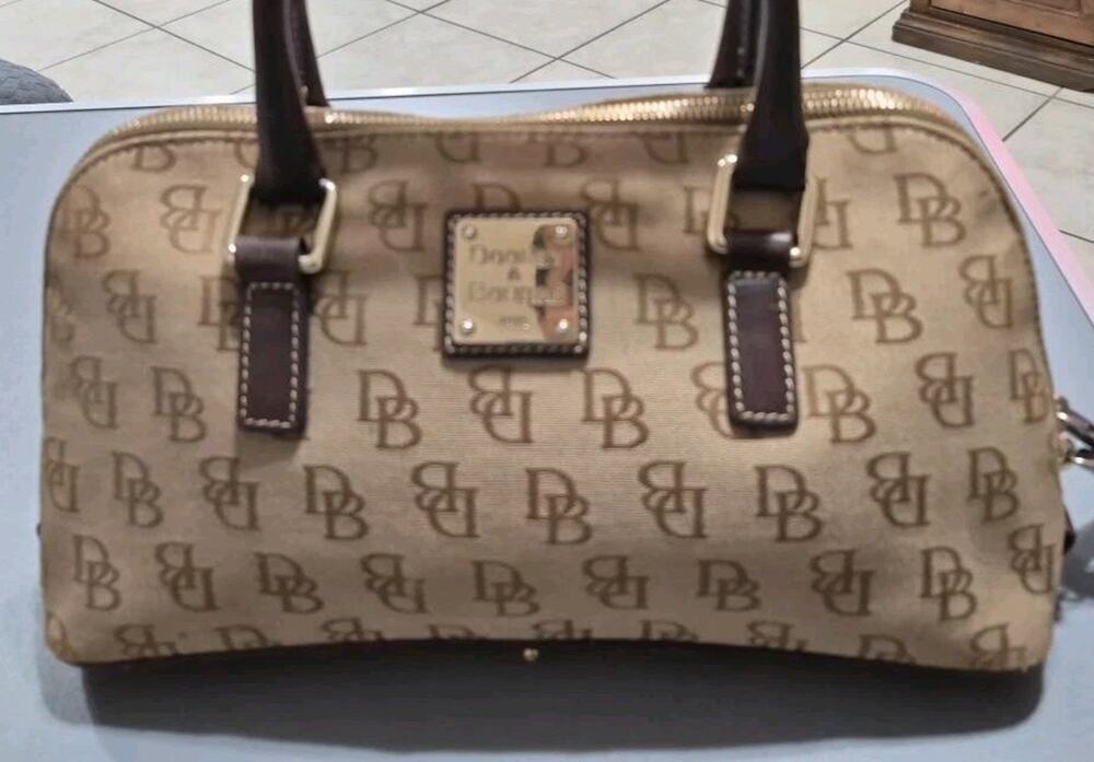 Dooney & Bourke Signature DB Monogram Satchel Handbag Brown Leather Tan